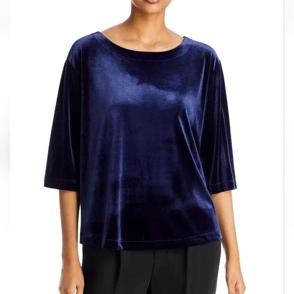 Eileen Fisher Boxy Velvet Top In Navy Blue Size Large - Picture 1 of 8